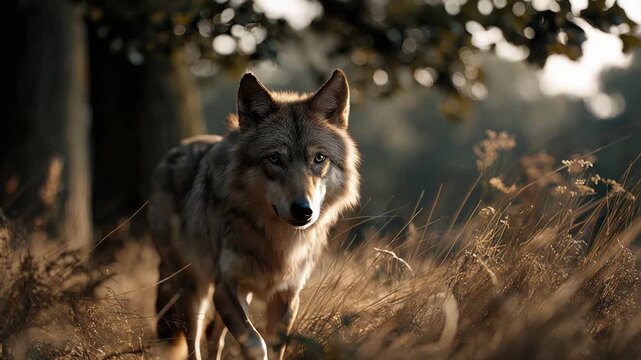 Silent hunter prowls, Stealthy gray wolf advances near forest boundary