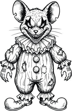 Sinister mouse character dressed in a tattered clown costume with sharp teeth and a menacing grin