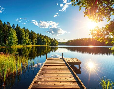 Bright sun over a calm lake with a wooden pier and forest reflection
