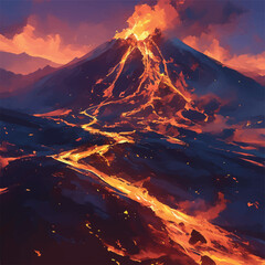 A majestic volcano erupts, sending rivers of fiery molten lava down its dark slopes under a dramatic, glowing twilight sky © tippaa