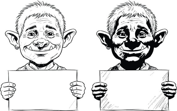 Smiling caricature of an expressive man with large ears holding a blank message sign