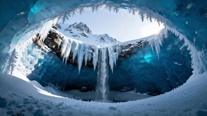 Ice cave with icicles and frozen waterfall in winter landscape - Powered by Adobe