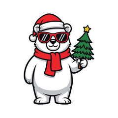 Cute polar bear wearing santa hat and scarf holding christmas tree isolated