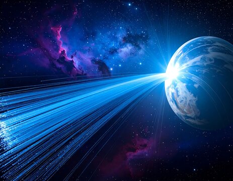 Earth with bright light trails streaking outward, against a nebula and star-filled cosmos - Powered by Adobe