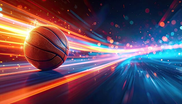 A basketball in motion on a court with vibrant red and blue light streaks