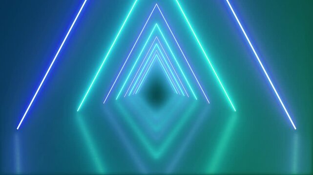80s retro infinity tunnel of cool electric cyan & violet triangles of neon light beams in an seamless endless loop animated motion background with reflections 4K animation wallpaper backdrop