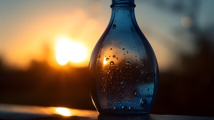 macro shot of a chilled blue glass bottle glistening with cold condensation beads in a high clarity close up bottle of water
