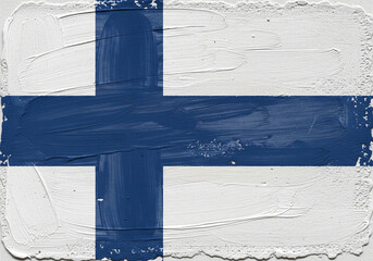 Hand-painted rendition of the Finnish flag featuring a striking blue cross against a textured white background, evoking a sense of national pride and artistic expression