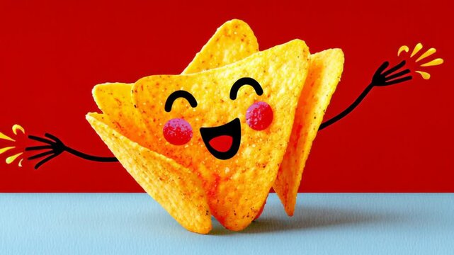 Cheerful animated nacho chip character with expressive arms and smiling face, celebrating joyfully against a vibrant red background, showcasing playful emotions, camera pans slightly to capture excite