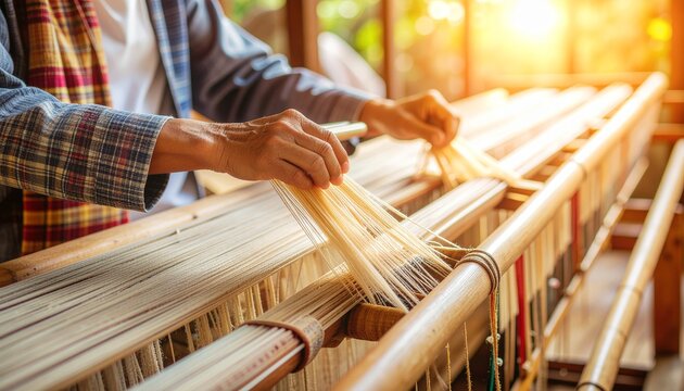 A close view of artisan weaving colorful threads on a loom, warm side light highlighting texture, pattern, and craftsmanship.
- Powered by Adobe
