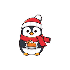 Adorable penguin wearing santa hat holding pumpkin pie