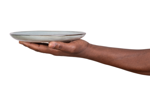 Hand holding an empty plate isolated on white or transparent background 