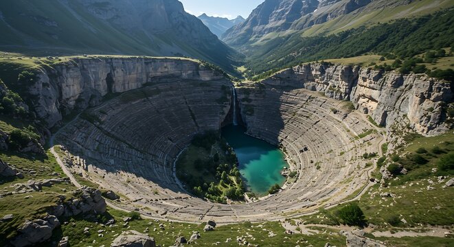 Dramatic aerial view of a deep canyon with a turquoise lake and waterfall - Powered by Adobe