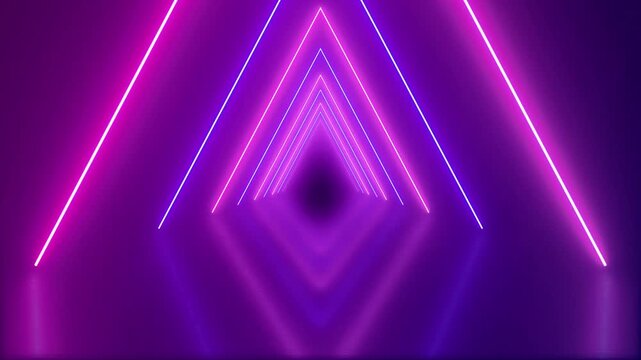 80s retro infinity tunnel of cool electric purple & pink triangles of neon light beams in an seamless endless loop animated motion background with reflections 4K animation wallpaper backdrop