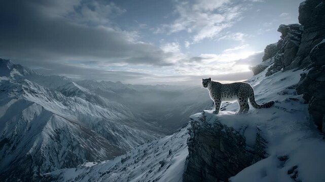 Frozen wilderness silhouette of snow leopard on ridge during stormy