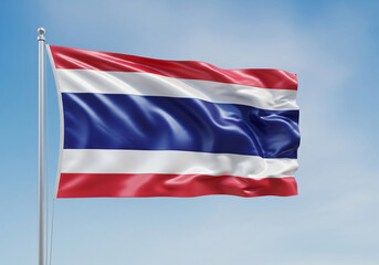 Fototapeta premium A photorealistic 3D illustration of the national flag of Thailand, its smooth silk-like fabric waving gracefully against a clear sky