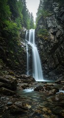 Obraz premium Ein majestätischer Wasserfall stürzt in einem Gebirgsbach über moosbewachsene, graue Felsen. Klares, reines Wasser in den Bergen, Moos, Kaskade, Wildbach