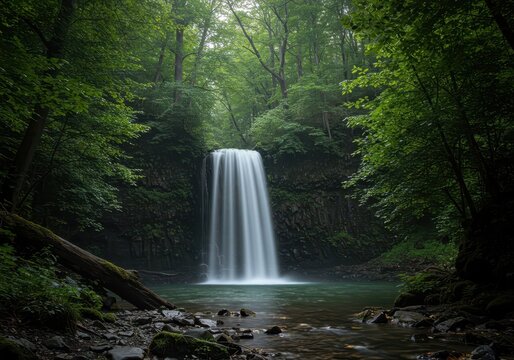 Ein geheimnisvoller Wasserfall st&uuml;rzt durch einen dichten, uralten Wald. Die Atmosph&auml;re ist ruhig, neblig und von unber&uuml;hrter Natur gepr&auml;gt, nebel, feucht, kaskade