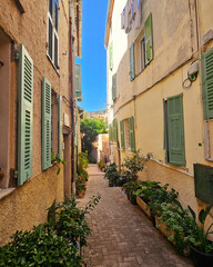 Charming Narrow Alley with Green Shutters and Potted Plants in Old Town Nice