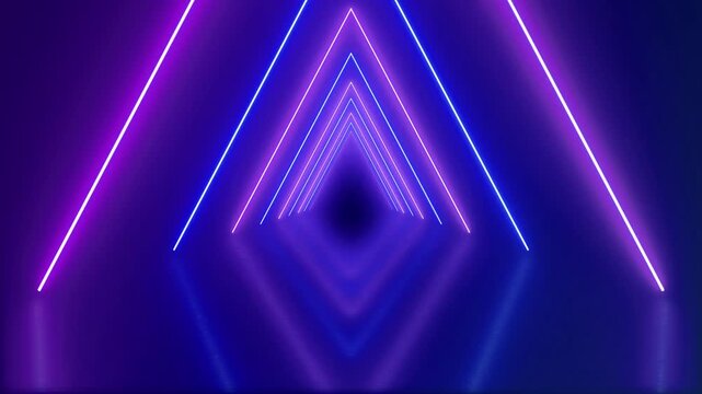 cool neon blue and pink trendy 1980s retro light pyramid infinity tunnel music video style backdrop wallpaper background with polished shiny reflective floor & vibrant tube light bars 4K animation