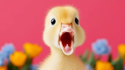 Adorable yellow duckling with open beak, surrounded by colorful flowers, showcasing a lively expression, as the camera smoothly zooms in to capture the charming details of the scene