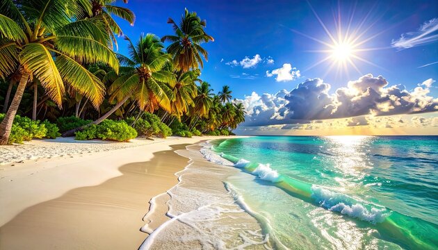 Sunny tropical beach with palm trees, white sand, and turquoise ocean waves
