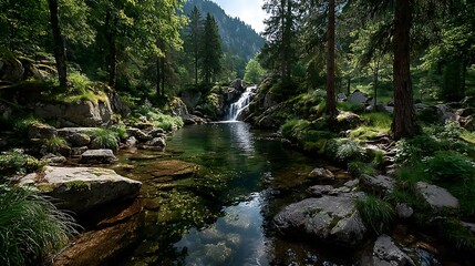 Obraz premium Long exposure waterfall cascading over moss covered rocks images