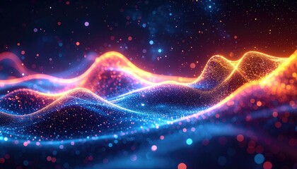 Luminous blue and orange particle waves create a vibrant digital landscape