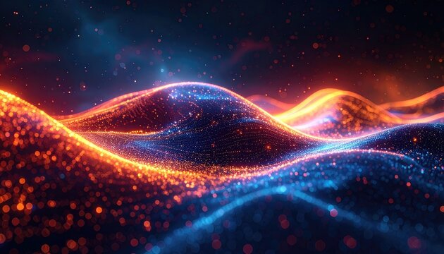 Luminous waves of glowing blue and orange particles create a digital landscape