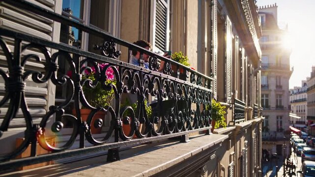 Charming Parisian Balcony with Flower Pots at Sunset