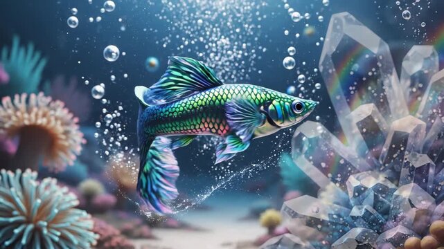 Colorful guppy fish swimming near coral reef underwater environment