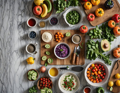 flat lay, overhead shot, fresh organic produce, colorful vegetables, ripe fruits, assortment of kitchen tools, chef's knife, wooden cutting board, stainless steel mixing bowls, measuring cups, wooden 