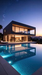 Modern home with an illuminated infinity pool reflecting a starry twilight sky