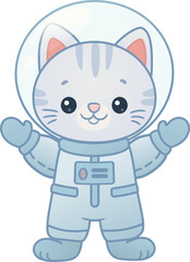Adorable kawaii astronaut cat wearing a spacesuit, perfect for kids space themes, educational designs, posters, stickers, and cartoon projects. Soft pastel colors and friendly style ideal for children