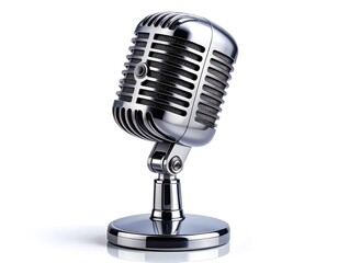 Polished chrome vintage microphone isolated on a white reflective background