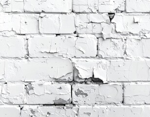 A close-up of a weathered white brick wall with cracked and peeling paint
