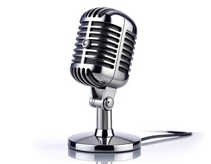 A vintage chrome broadcast microphone on a stand against a clean white background
