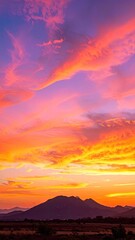 Vibrant sunset with fiery orange and purple clouds over a mountain silhouette