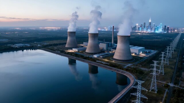 Panoramic image of energy station with steaming towers and grid lines