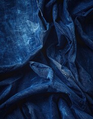 Abstract view of deeply creased, dark blue, textured, wrinkled fabric