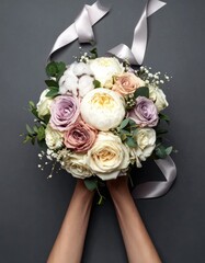 Hands holding a lush bouquet of roses, peonies, cotton, and eucalyptus