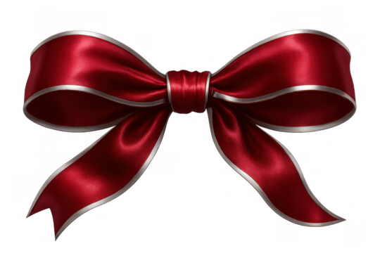 Red satin bow with silver trim, festive ribbon decoration for gifts, celebrations, and special occasions on transparent background - Powered by Adobe