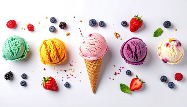 Colorful ice cream scoops in a row with a cone and fresh berries on a white surface - Powered by Adobe
