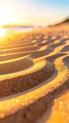 Sun-kissed sand ripples on a serene beach during a vibrant golden hour sunset