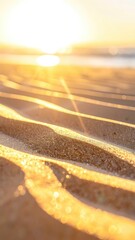 Rippled sand on a beach illuminated by a warm, golden sunrise