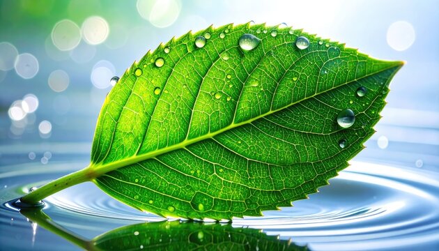 A vibrant green leaf with dewdrops rests on calm water, creating soft ripples