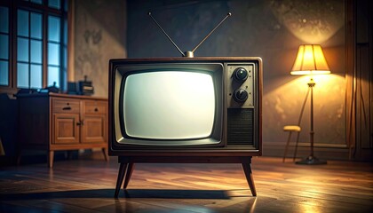 A retro television glowing in a dimly lit room with vintage furniture