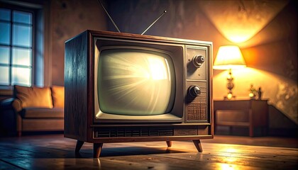 Vintage television with glowing screen in a dimly lit, cozy living room setting