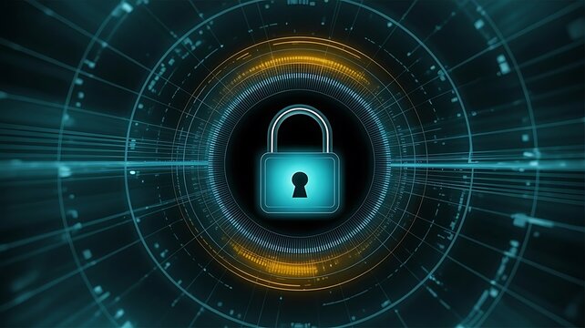 3D Rendering of pad lock logo on glow futuristic hud interface background. Concept of business security. Corporate, large scale organization control to protect customer data..