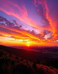 A vibrant, fiery sunset over a mountain valley with dramatic, colorful clouds